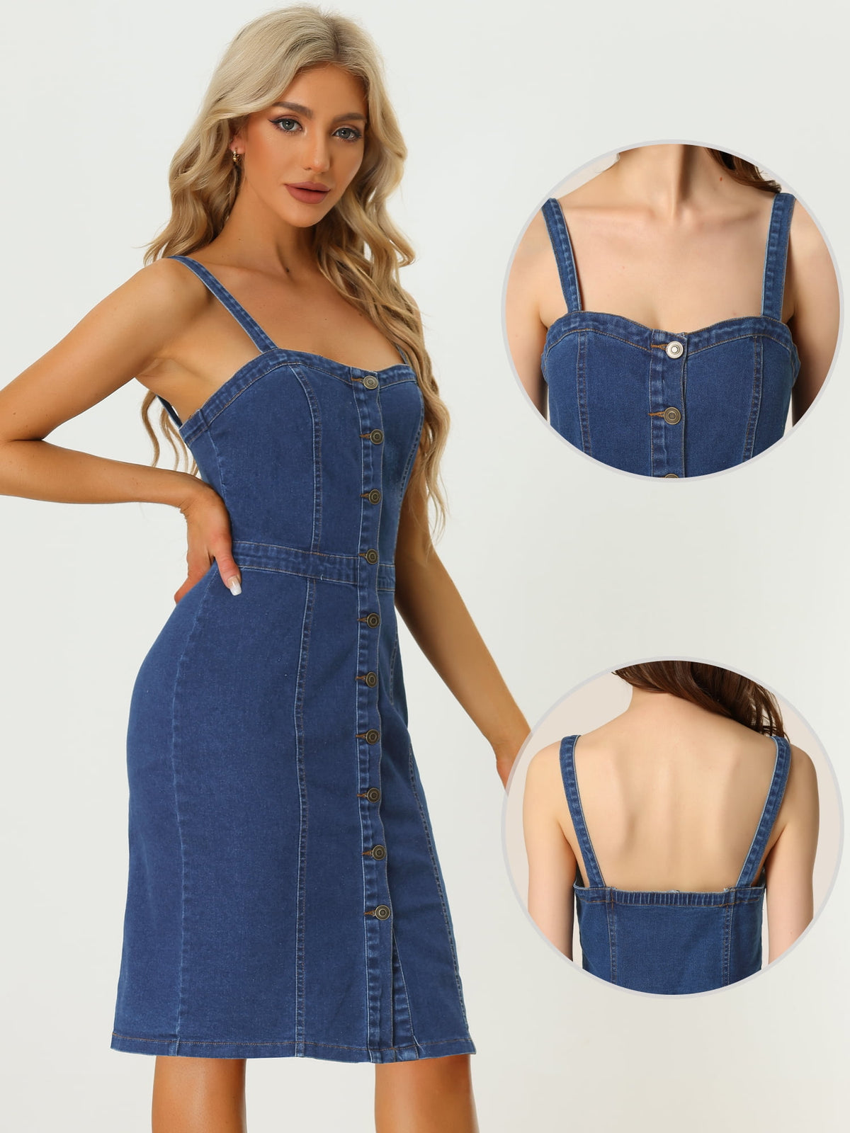 thumbnail image 2 of DARING DIVA Button Down Denim Sleeveless Sweetheart Neck Jean Dresses XS Blue, 2 of 6