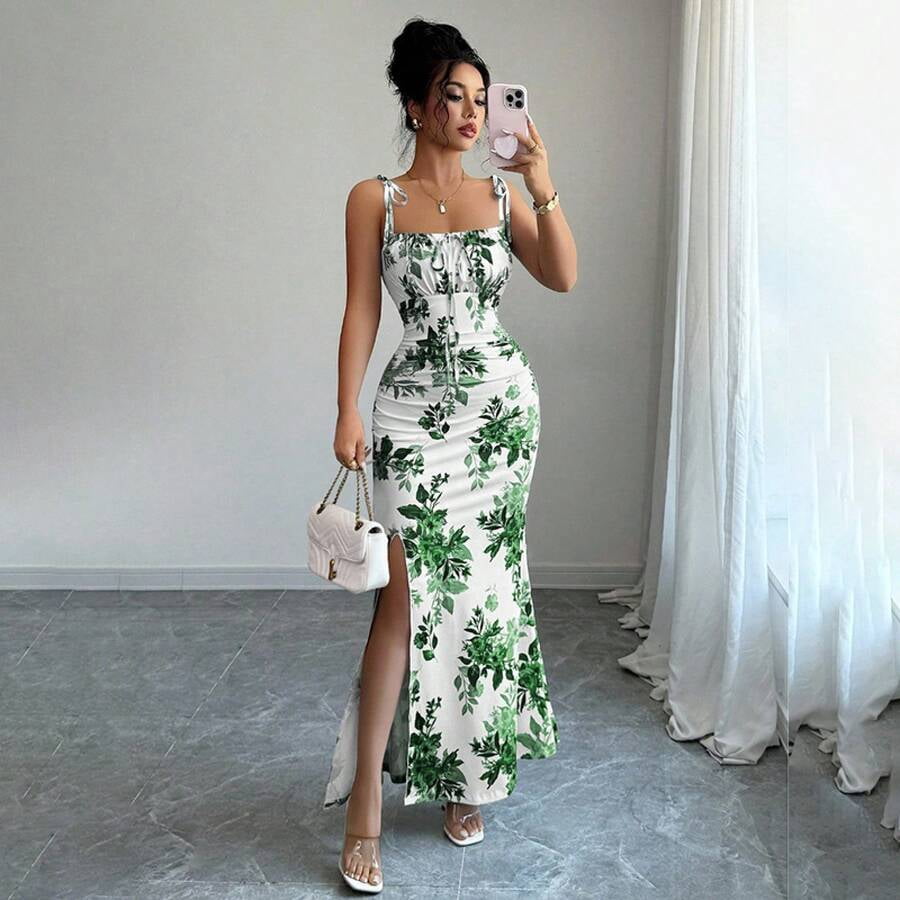 thumbnail image 3 of Green Floral Print Tie-Strap Maxi Dress With Square Neck Ruched Waist, 3 of 12