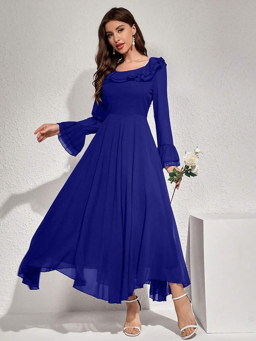 thumbnail image 4 of Womens Royal Blue Ruffled Flare Sleeve Maxi Dress - Elegant Long Evening, 4 of 8