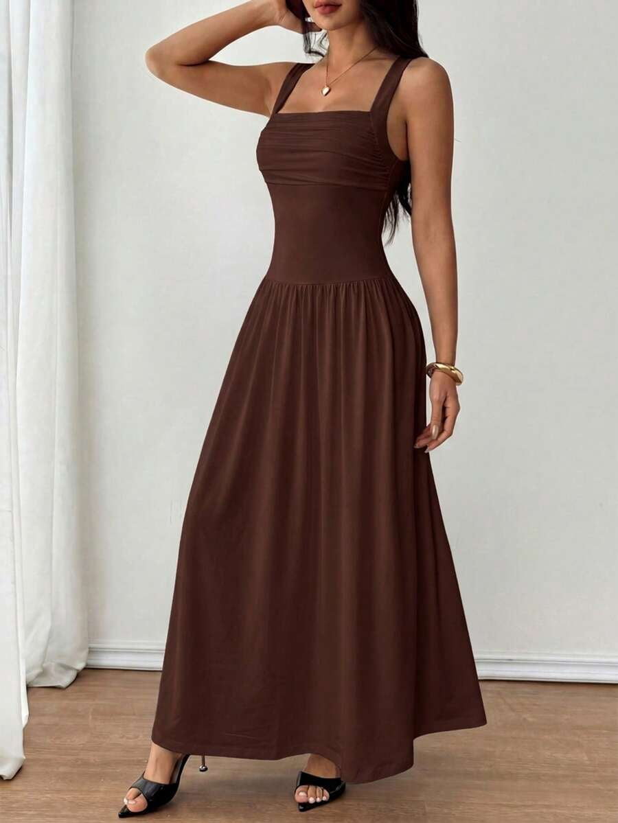 thumbnail image 5 of Petite Womens Coffee Brown Solid Square Neck Flared Maxi Dress For Spring Summer, 5 of 7