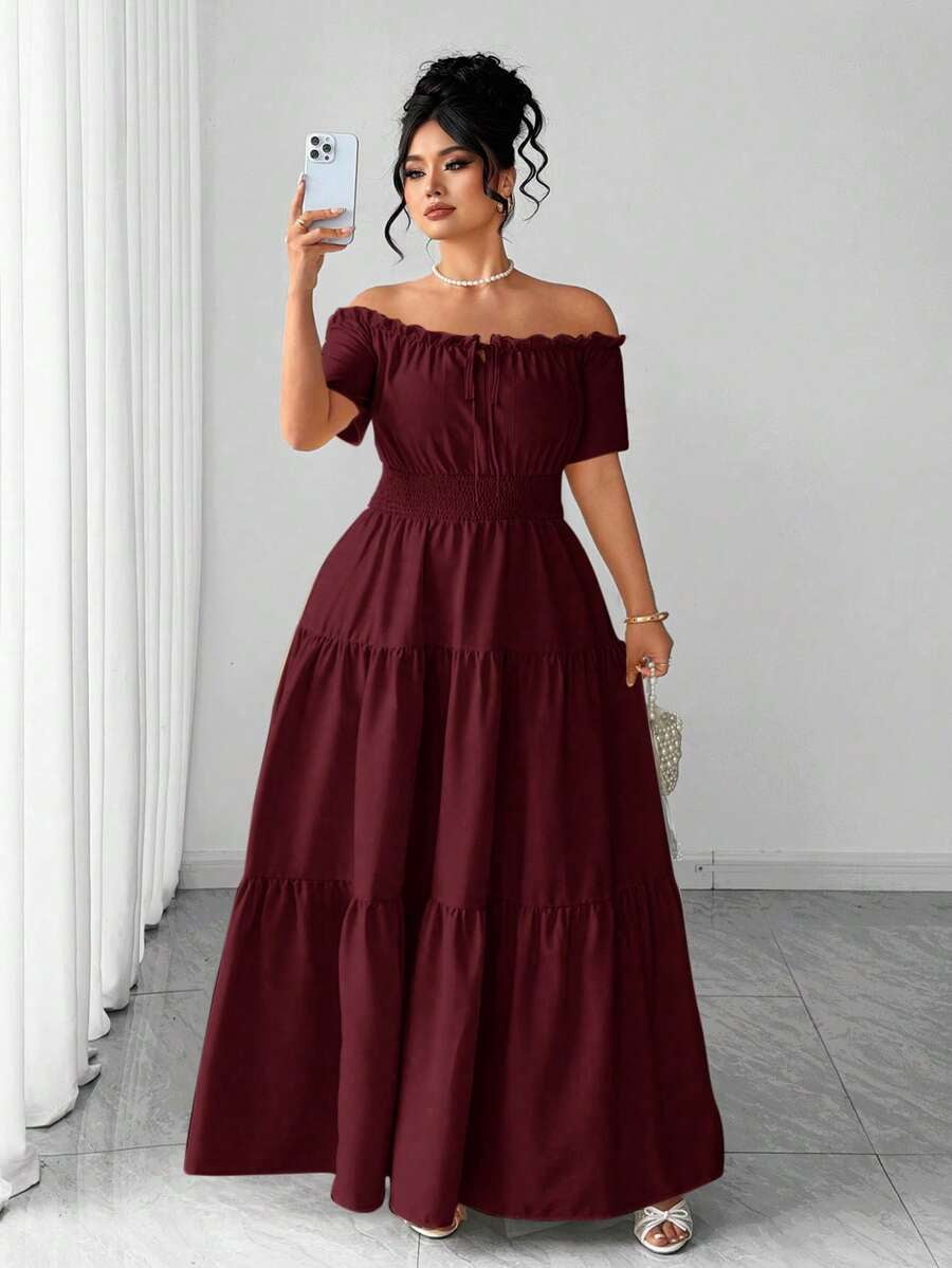 thumbnail image 3 of Burgundy Plus Size Off-Shoulder Tiered Maxi Dress with Elastic Waist &, 3 of 7