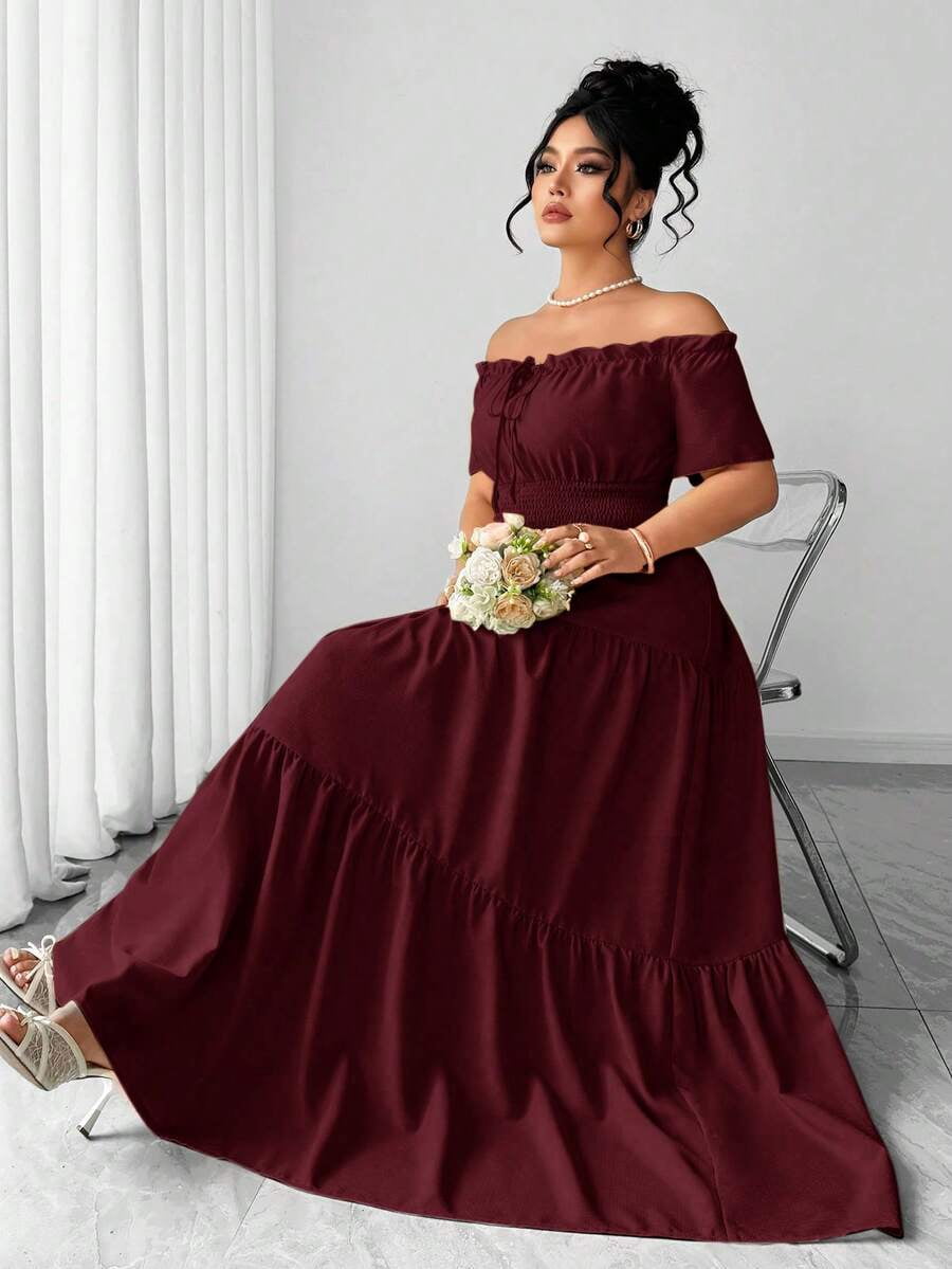 thumbnail image 6 of Burgundy Plus Size Off-Shoulder Tiered Maxi Dress with Elastic Waist &, 6 of 7