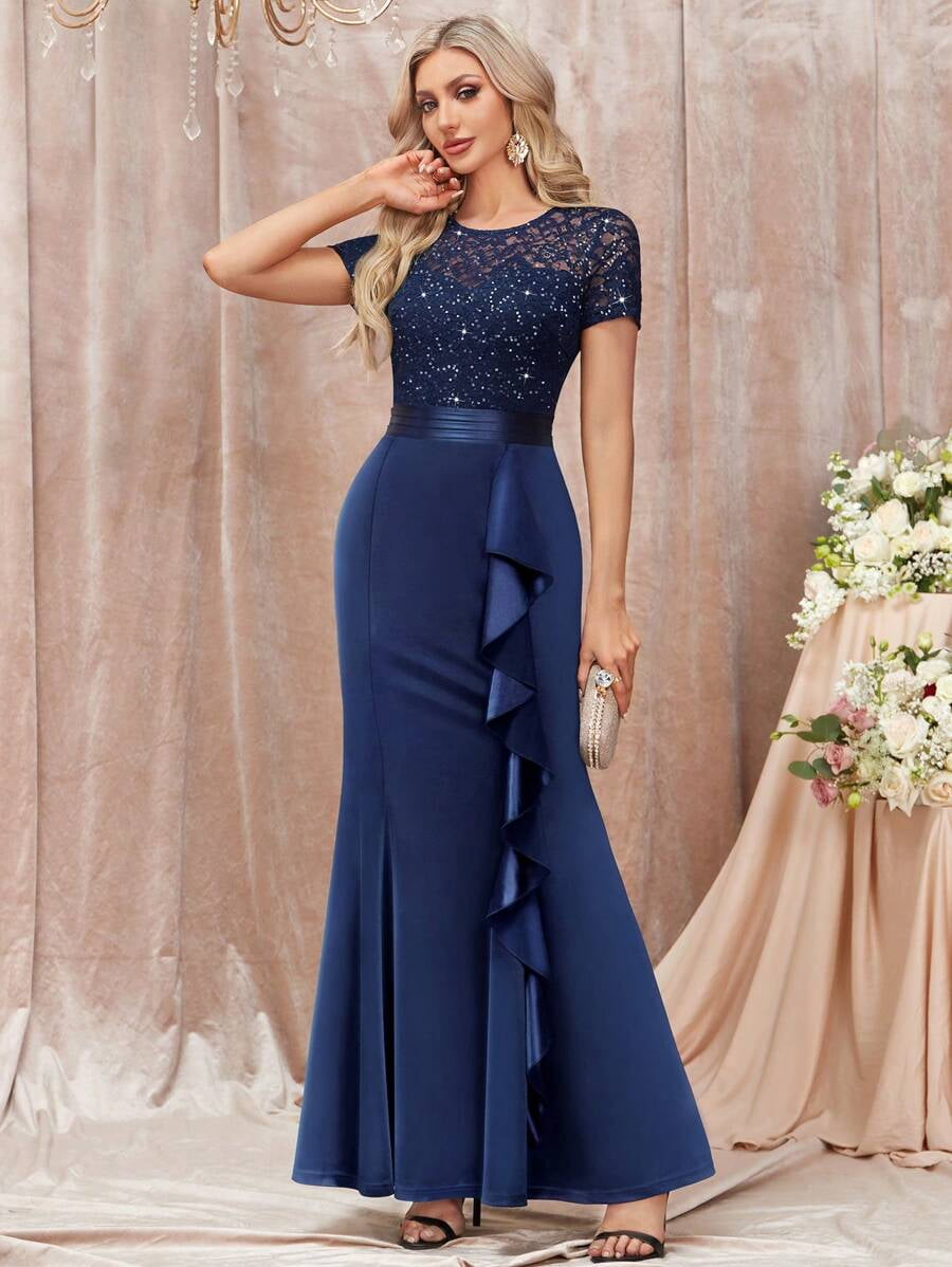 thumbnail image 2 of Blue Sequin Lace Ruffle Mermaid Evening Maxi Dress For Formal Occasions, 2 of 30