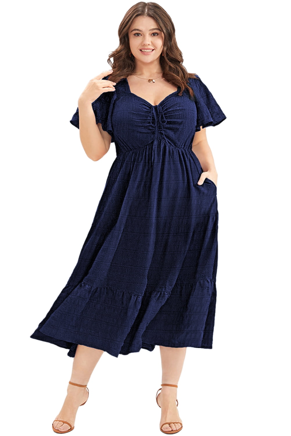 thumbnail image 2 of Elegant Women's Blue Midi Dress – Short Sleeve Lace-up High Waist for Summer Outings, 3X, 2 of 12