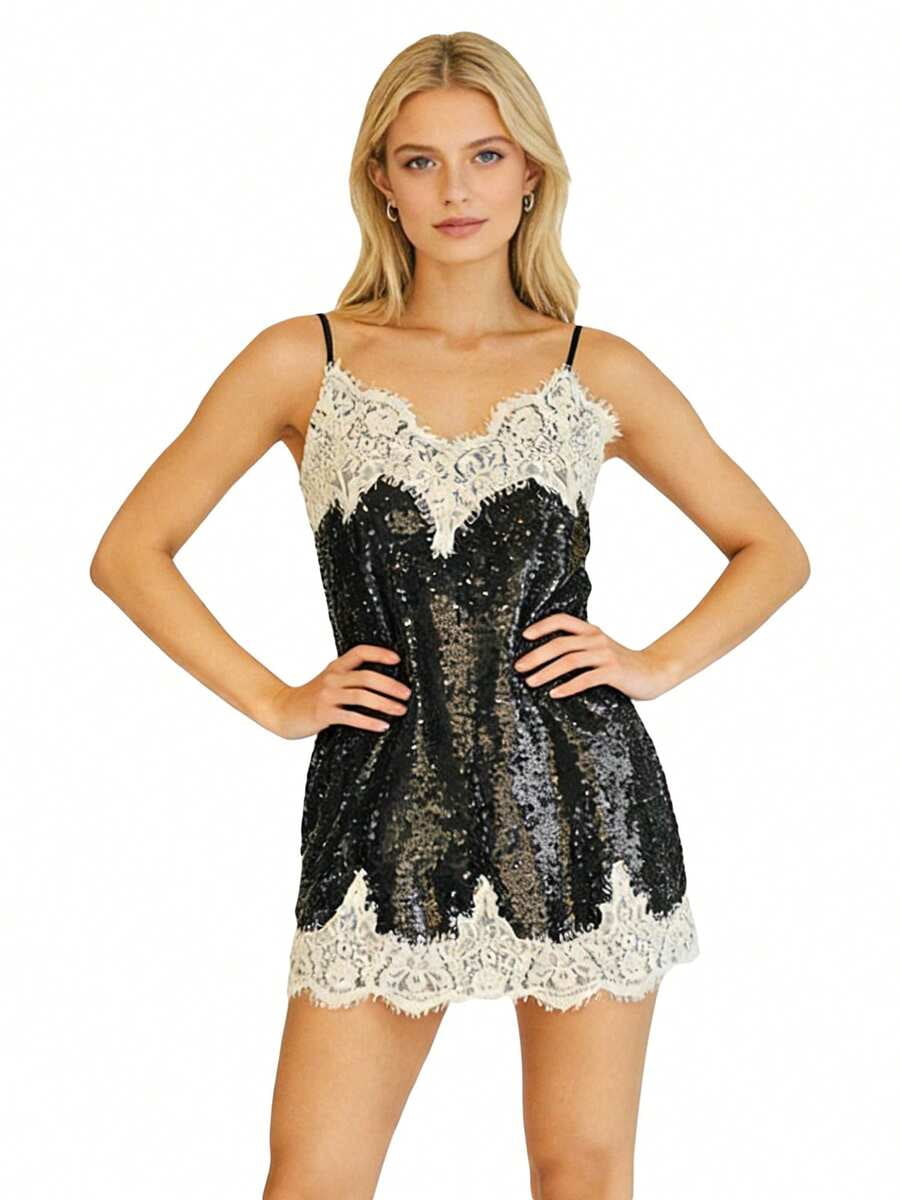 thumbnail image 3 of Black Sequin Slip Mini Dress With Lace Trim V-Neck Sleeveless, 3 of 17