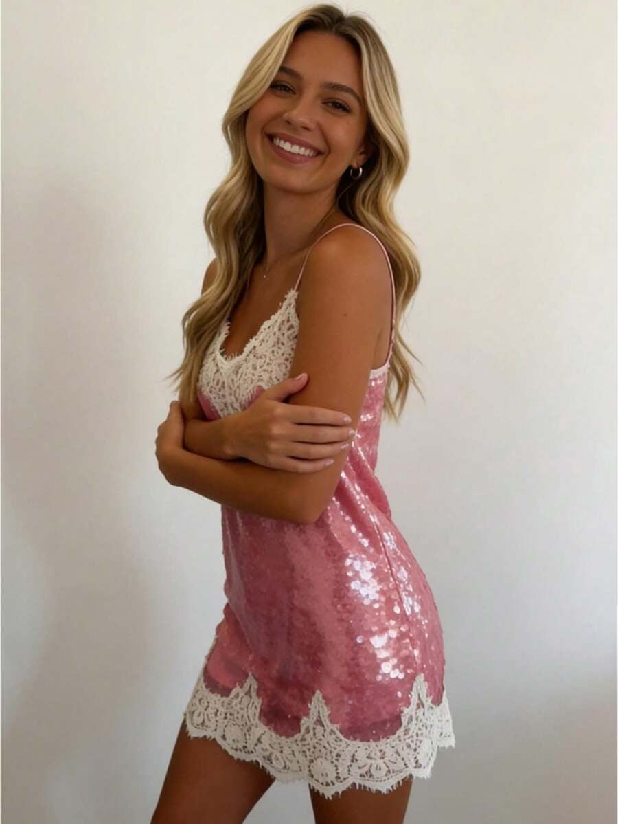 thumbnail image 6 of Black Sequin Slip Mini Dress With Lace Trim V-Neck Sleeveless, 6 of 17