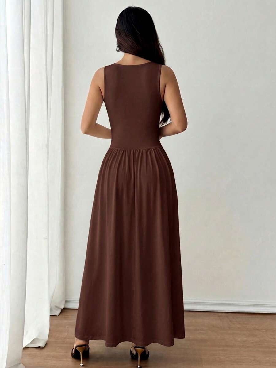 thumbnail image 2 of Petite Womens Coffee Brown Solid Square Neck Flared Maxi Dress For Spring Summer, 2 of 7