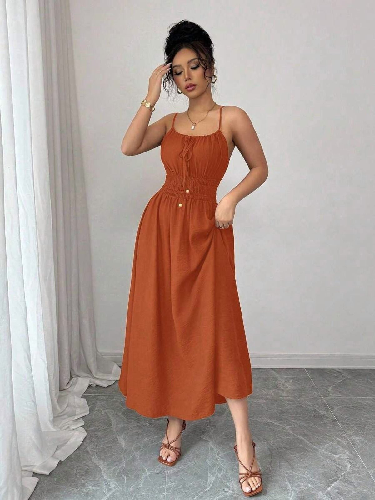 thumbnail image 3 of Burnt Orange Womens Smocked Waist Tie-Front A-Line Maxi Strap Dress, 3 of 30