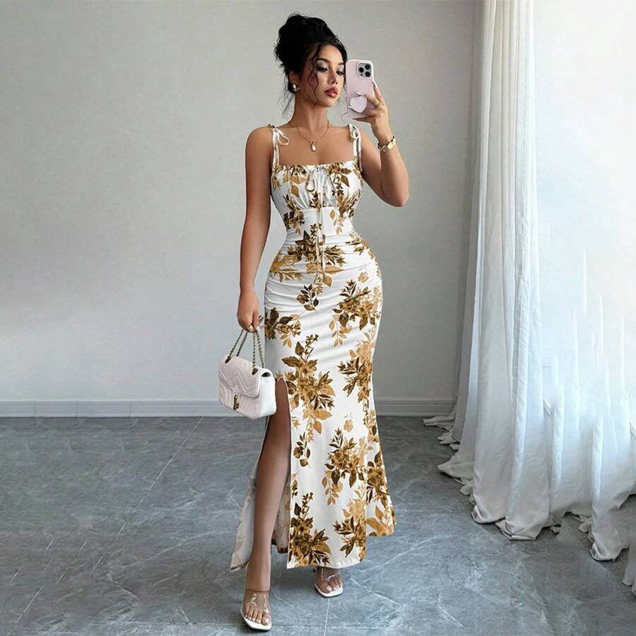 thumbnail image 4 of Green Floral Print Tie-Strap Maxi Dress With Square Neck Ruched Waist, 4 of 12