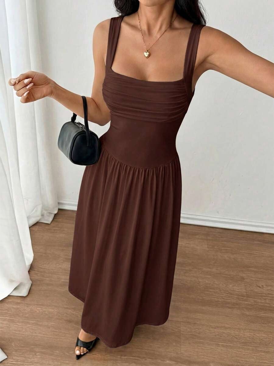thumbnail image 4 of Petite Womens Coffee Brown Solid Square Neck Flared Maxi Dress For Spring Summer, 4 of 7