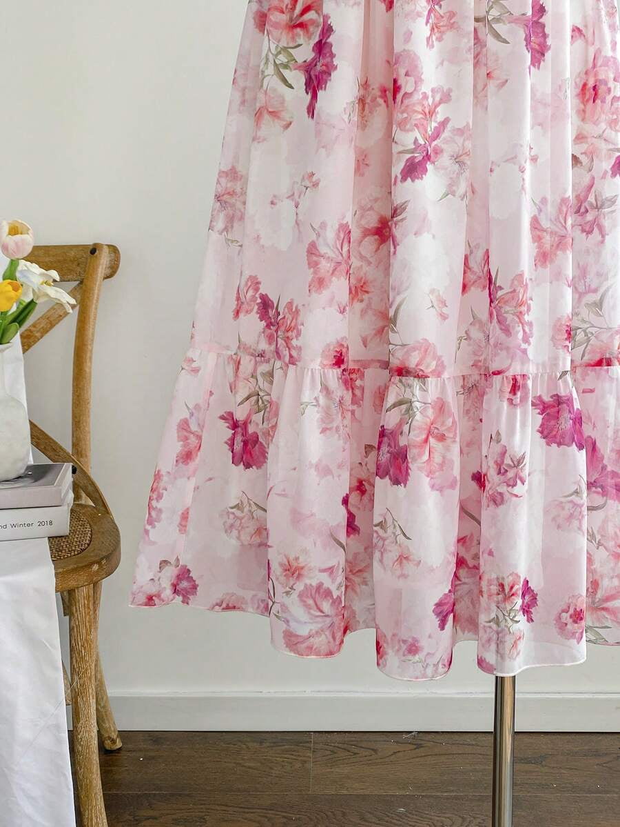 thumbnail image 5 of Plus Size Pink Floral Chiffon Midi Dress, Summer Square Neck Short Puff, 5 of 8
