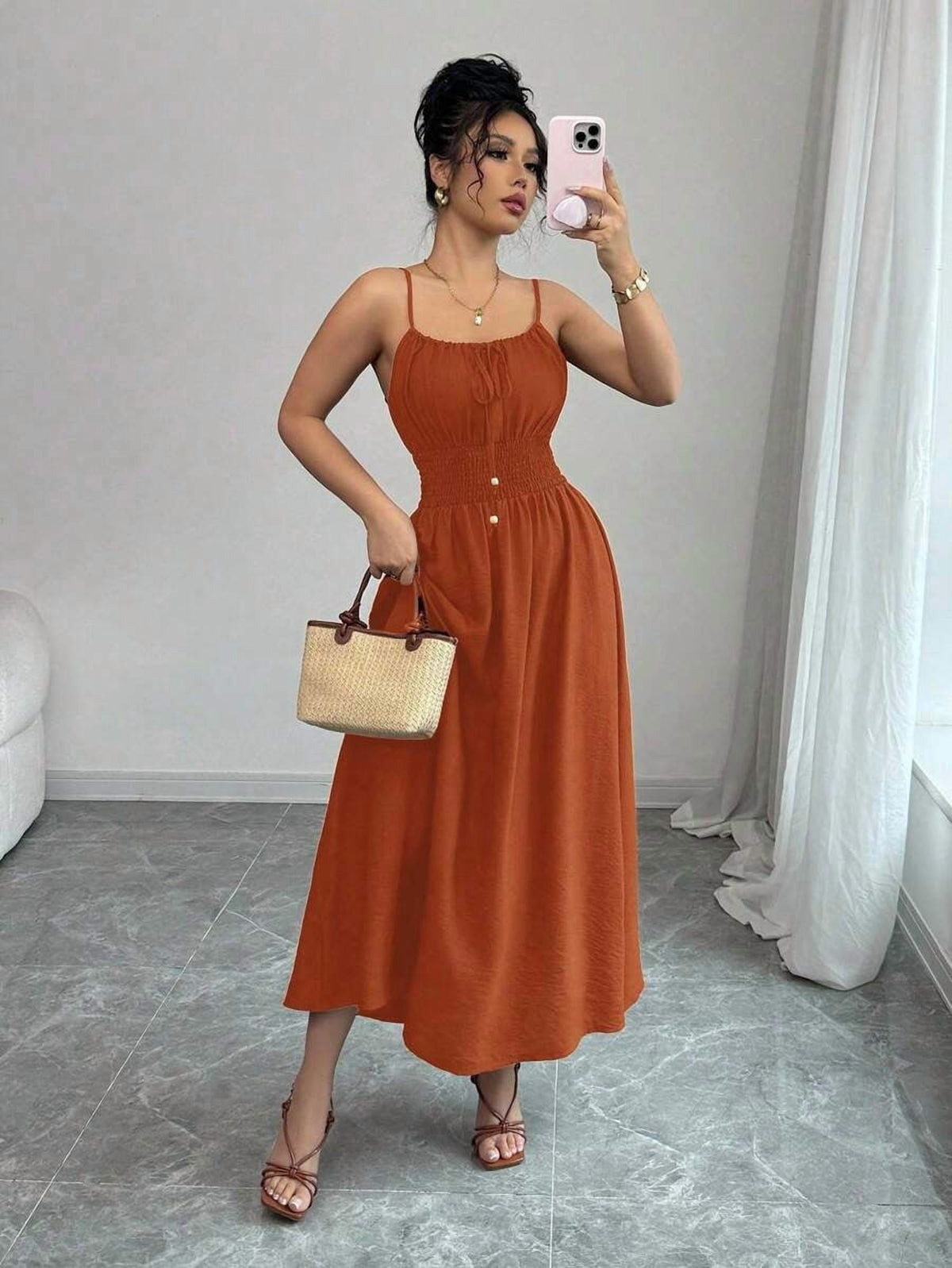thumbnail image 4 of Burnt Orange Womens Smocked Waist Tie-Front A-Line Maxi Strap Dress, 4 of 30
