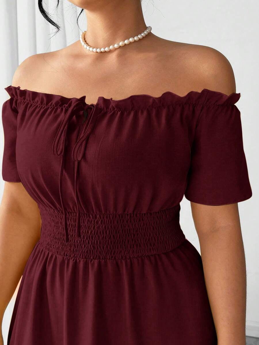 thumbnail image 7 of Burgundy Plus Size Off-Shoulder Tiered Maxi Dress with Elastic Waist &, 7 of 7