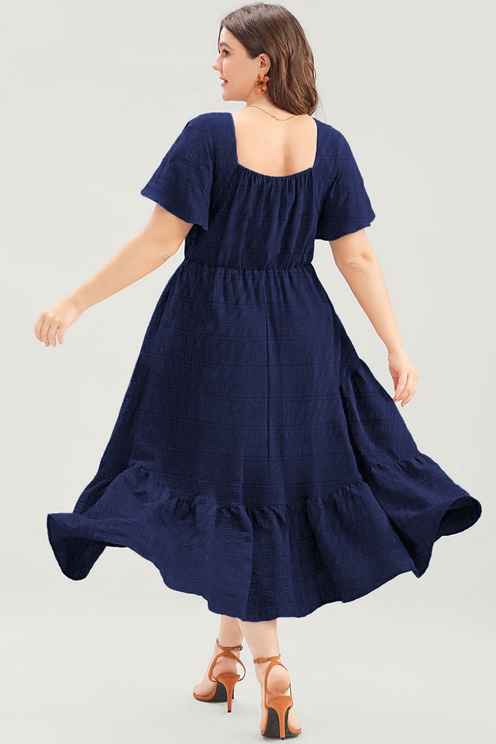 thumbnail image 3 of Elegant Women's Blue Midi Dress – Short Sleeve Lace-up High Waist for Summer Outings, 3X, 3 of 12