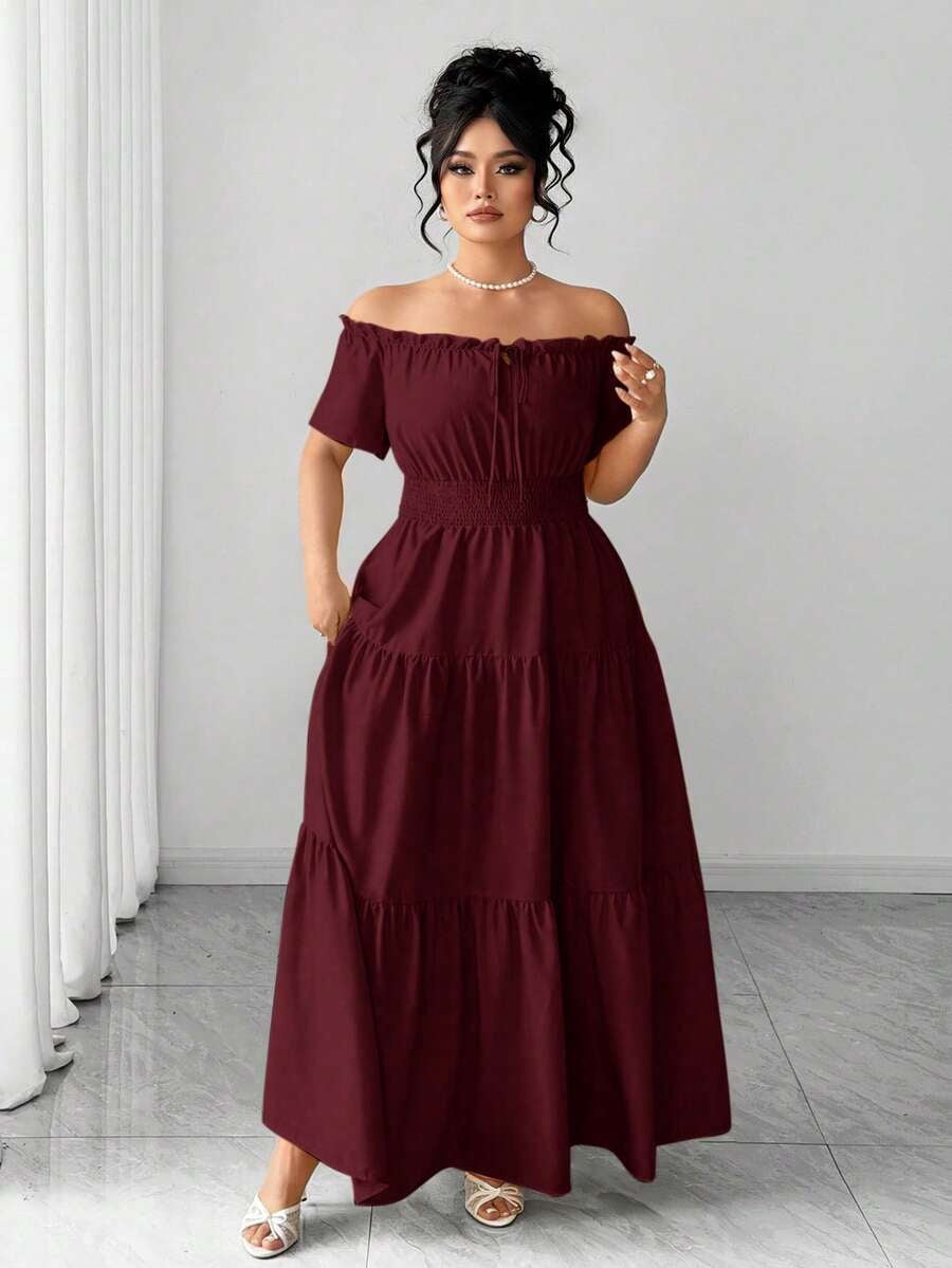 thumbnail image 4 of Burgundy Plus Size Off-Shoulder Tiered Maxi Dress with Elastic Waist &, 4 of 7