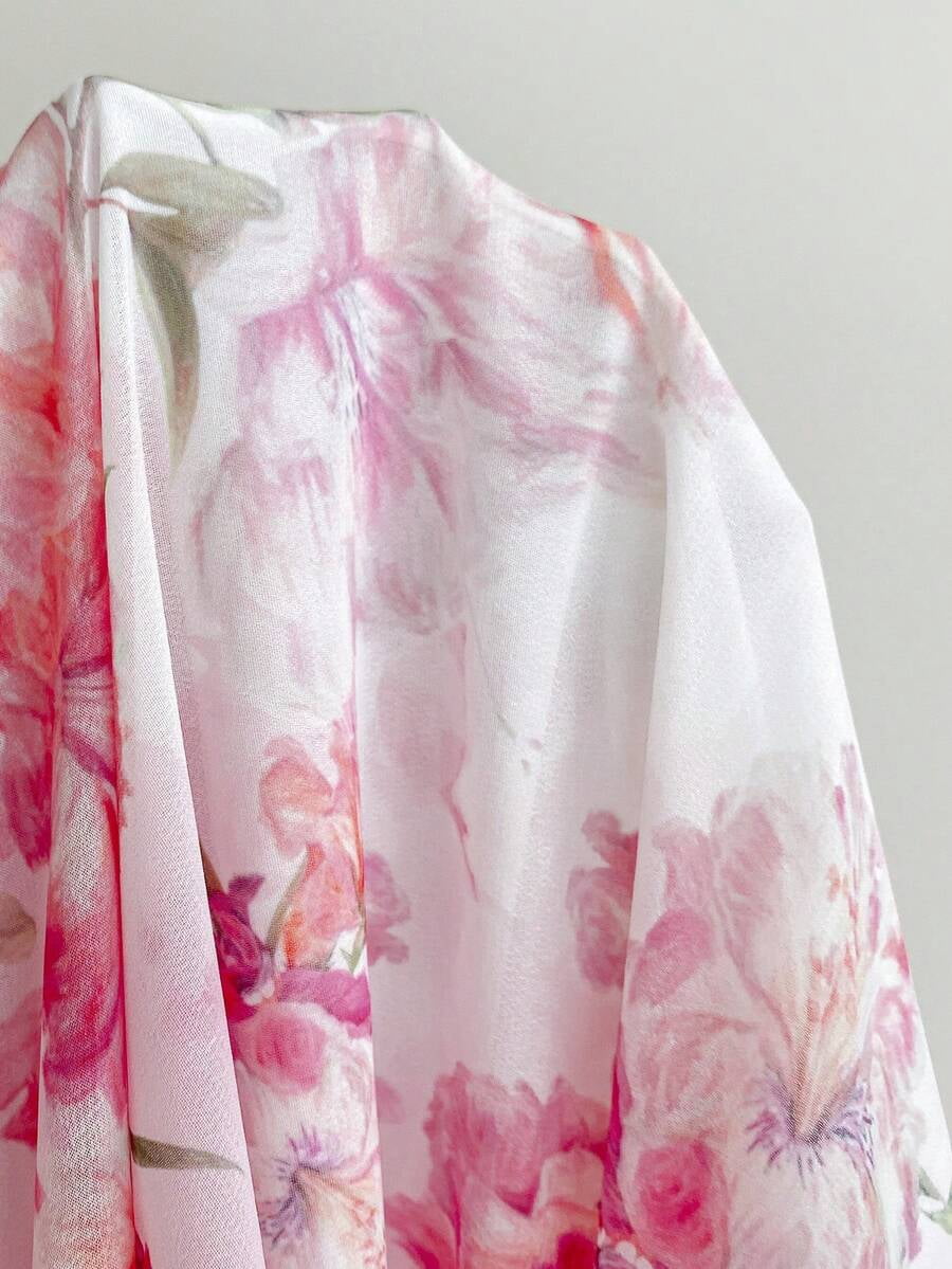thumbnail image 6 of Plus Size Pink Floral Chiffon Midi Dress, Summer Square Neck Short Puff, 6 of 8
