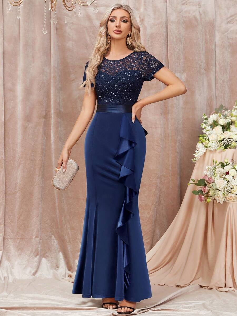 thumbnail image 3 of Blue Sequin Lace Ruffle Mermaid Evening Maxi Dress For Formal Occasions, 3 of 30