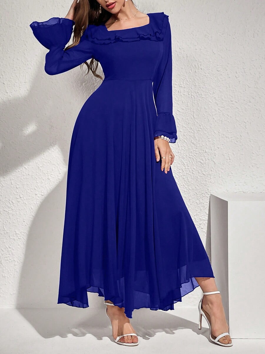 thumbnail image 5 of Womens Royal Blue Ruffled Flare Sleeve Maxi Dress - Elegant Long Evening, 5 of 8