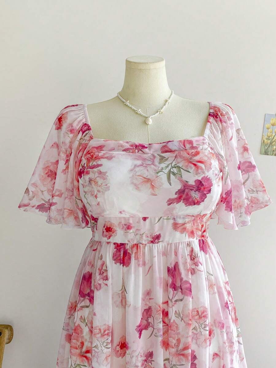 thumbnail image 4 of Plus Size Pink Floral Chiffon Midi Dress, Summer Square Neck Short Puff, 4 of 8