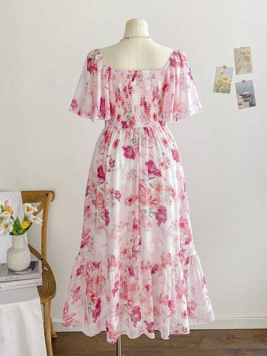 thumbnail image 2 of Plus Size Pink Floral Chiffon Midi Dress, Summer Square Neck Short Puff, 2 of 8