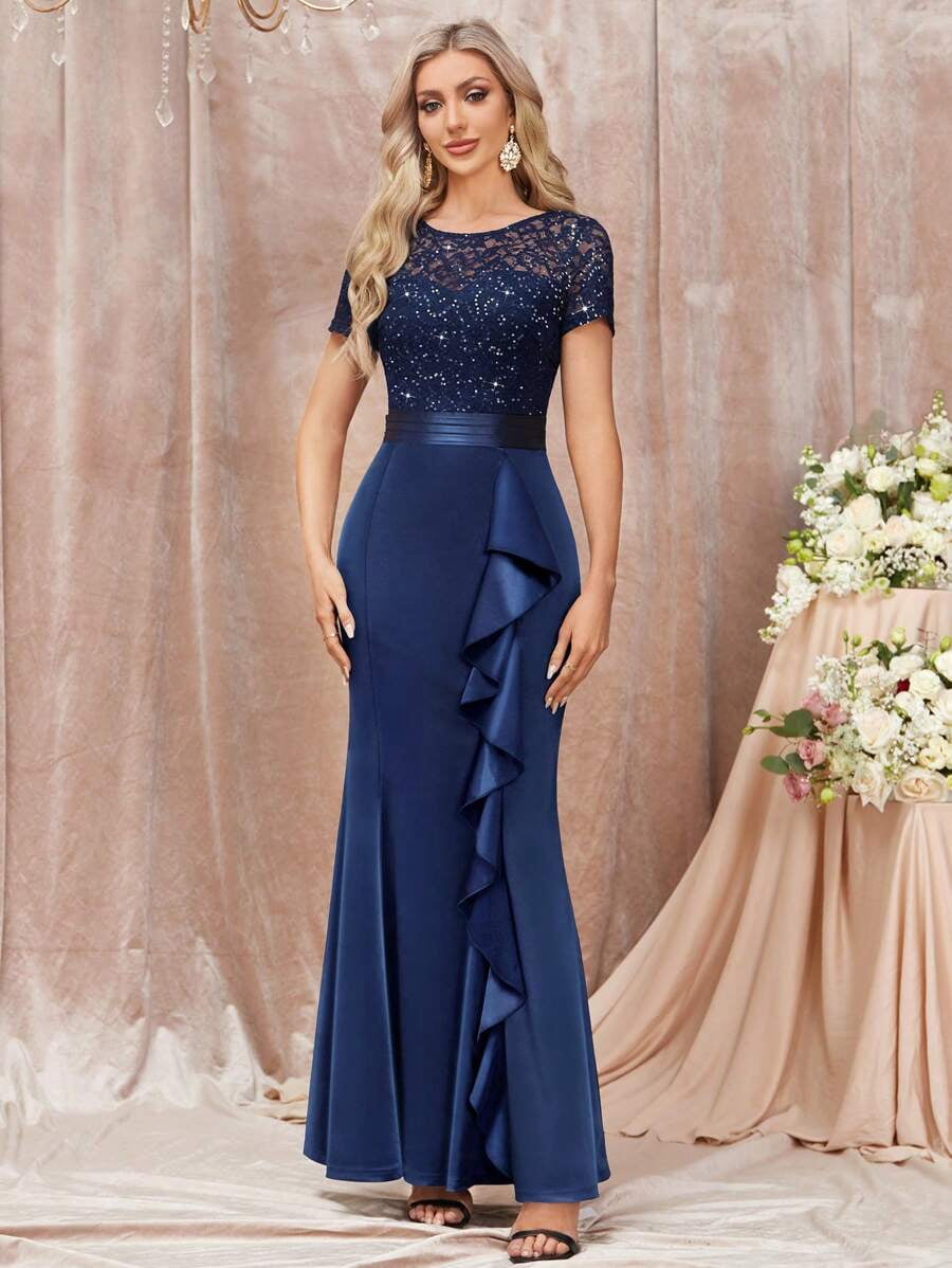 thumbnail image 5 of Blue Sequin Lace Ruffle Mermaid Evening Maxi Dress For Formal Occasions, 5 of 30