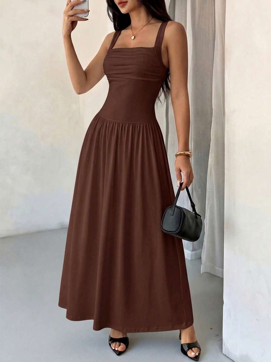 thumbnail image 3 of Petite Womens Coffee Brown Solid Square Neck Flared Maxi Dress For Spring Summer, 3 of 7