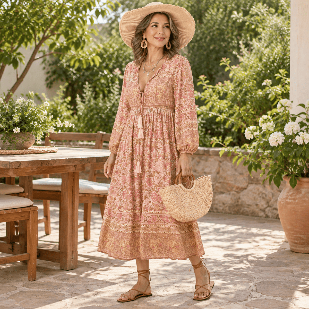 thumbnail image 4 of Apricot Small Women's Long Sleeve Floral Print Midi Casual Boho Dress, 4 of 6