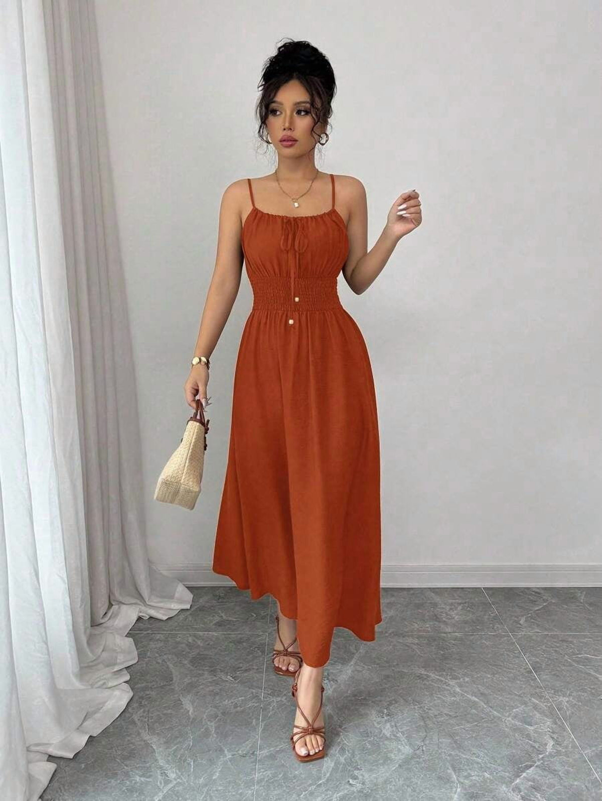 thumbnail image 6 of Burnt Orange Womens Smocked Waist Tie-Front A-Line Maxi Strap Dress, 6 of 30