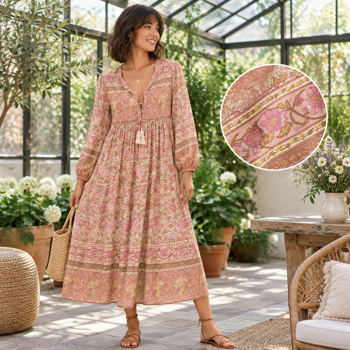 thumbnail image 6 of Apricot Small Women's Long Sleeve Floral Print Midi Casual Boho Dress, 6 of 6