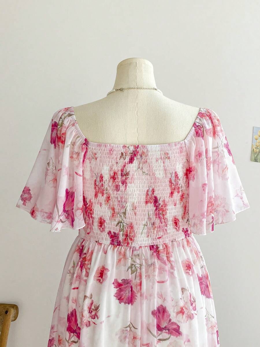thumbnail image 3 of Plus Size Pink Floral Chiffon Midi Dress, Summer Square Neck Short Puff, 3 of 8