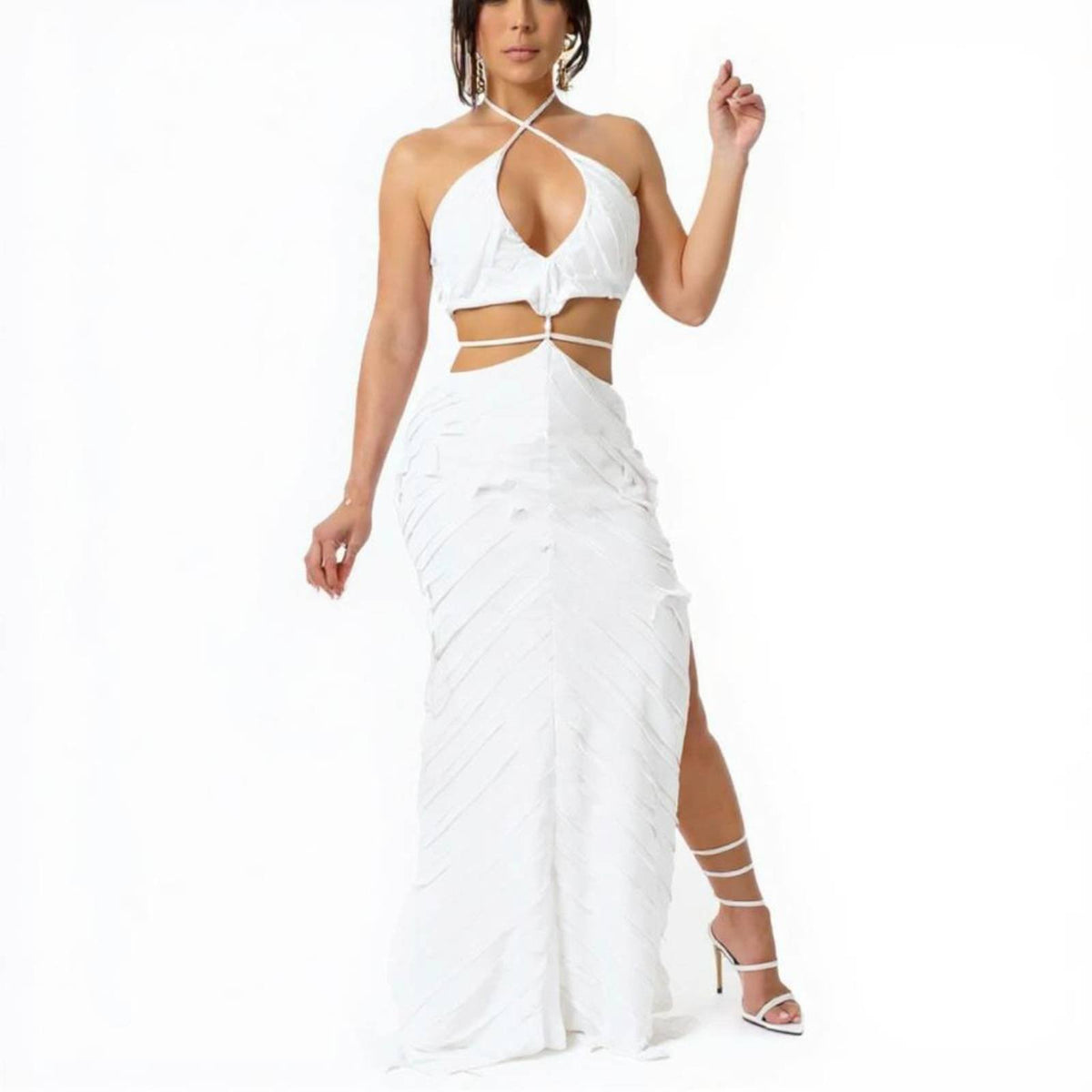 thumbnail image 1 of Abbraccia Elegant alabaster Hollow openwork Maxi Dress, Ruffles, Sleeveless, Halter Neck, High Waist, Women, 1 of 6