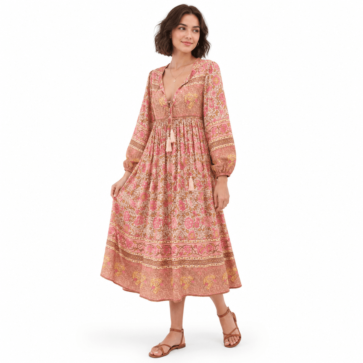 thumbnail image 1 of Apricot Small Women's Long Sleeve Floral Print Midi Casual Boho Dress, 1 of 6