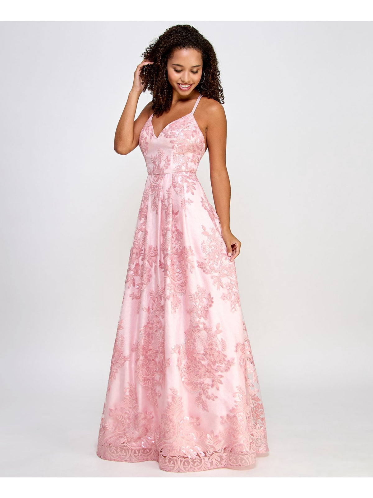 thumbnail image 1 of BCX DRESS Womens Pink Adjustable Sequined Embroidered Lined Lace Zippered Spaghetti Strap V Neck Full-Length Formal Fit + Flare Dress Juniors 3, 1 of 1