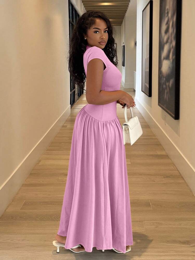 thumbnail image 1 of Baby Pink Asymmetrical A Line Maxi Dress With Stand Collar And Cinch Waist, 1 of 6