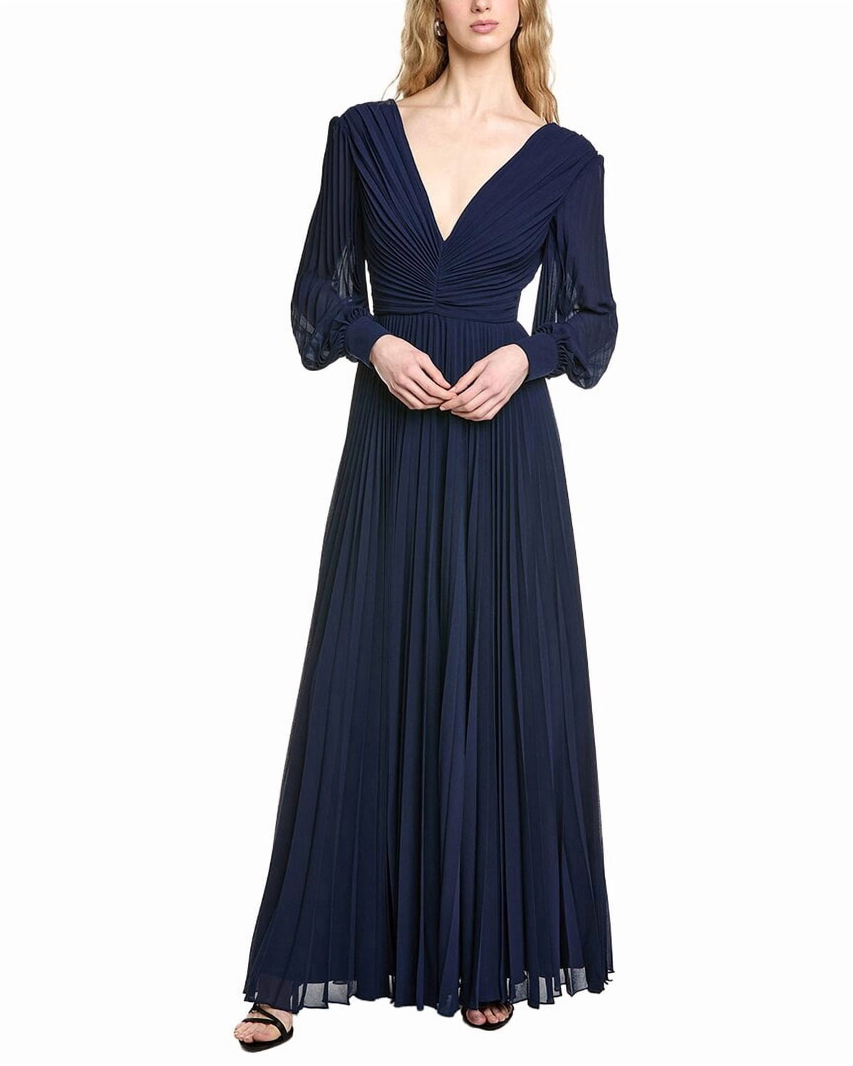 thumbnail image 1 of Badgley Mischka womens Pleated V-Neck Gown, 0, Navy, 1 of 4