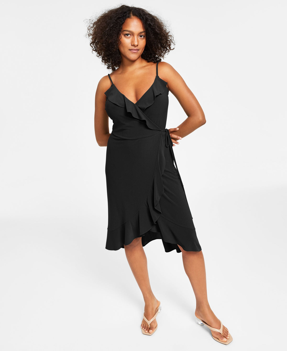 thumbnail image 1 of Bar III Petite Sleeveless Ruffle Trim Wrap Dress Deep Black PM, 1 of 1