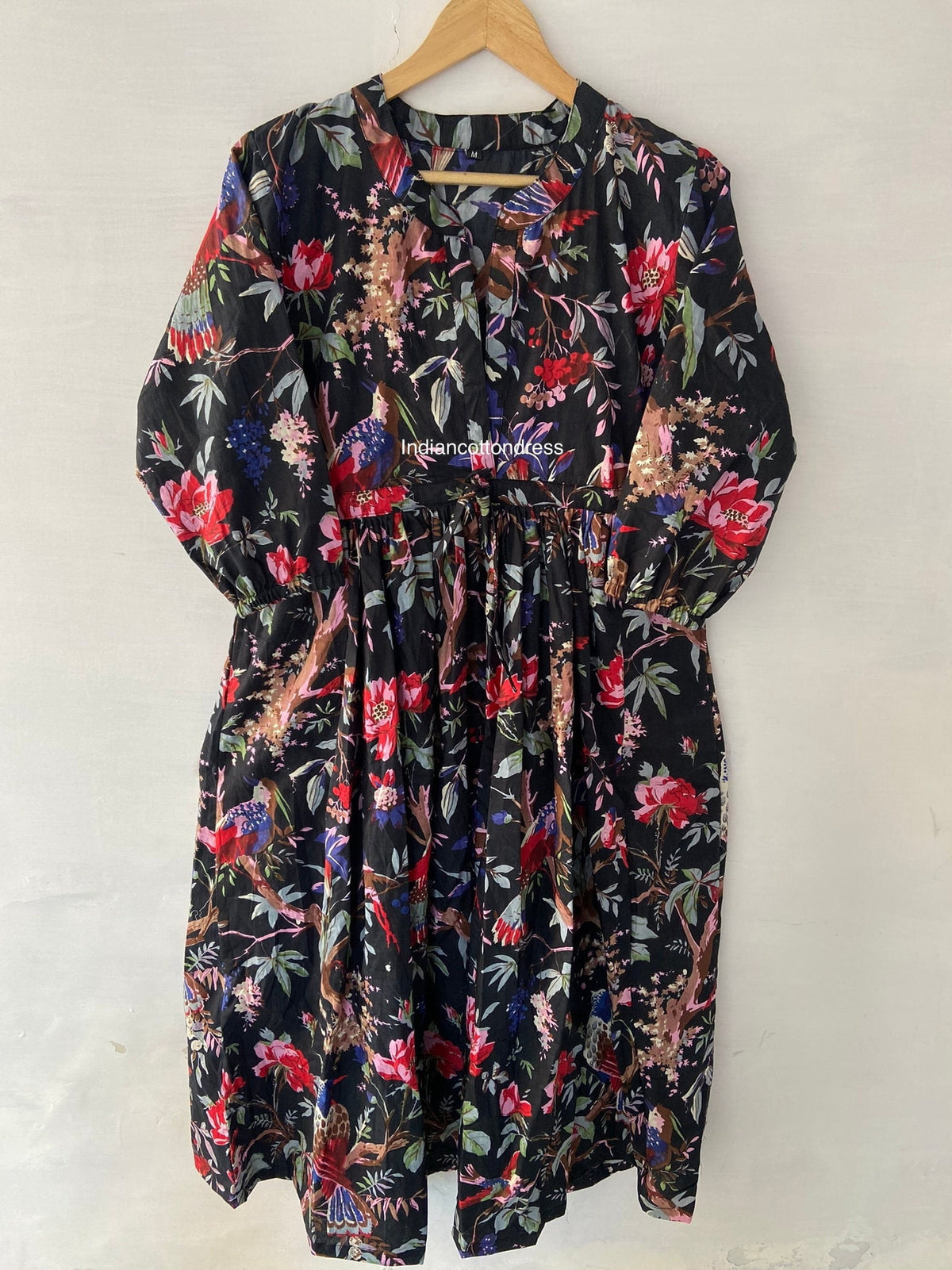 thumbnail image 1 of Bird Printed Black Dress, Cotton Dresses, Handblock Print Dress, long Ankel Dresses, Skater&Circle Dresses, Handblock Dresses,Handmade Dress, 1 of 7