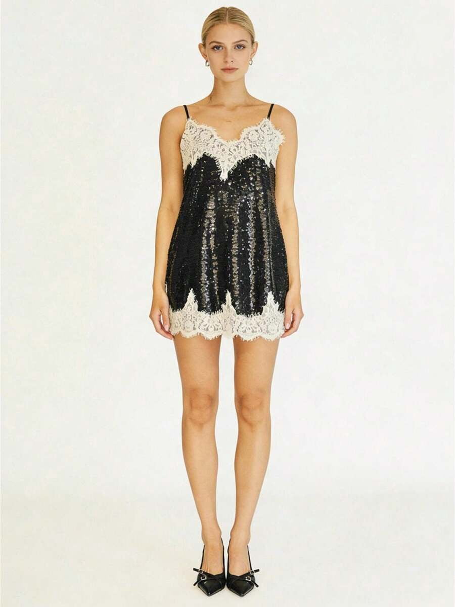 thumbnail image 1 of Black Sequin Slip Mini Dress With Lace Trim V-Neck Sleeveless, 1 of 17