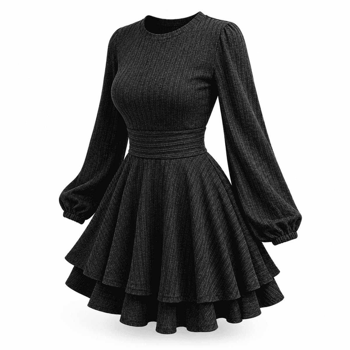 thumbnail image 1 of Black Small Womens Long Sleeve Knit A-Line Mini Dress Casual Lantern Crewneck, 1 of 5