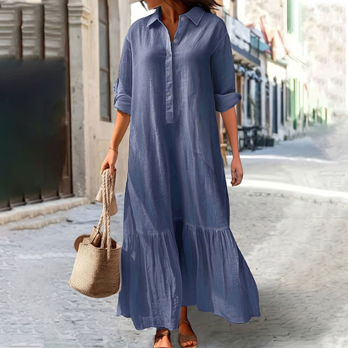 thumbnail image 1 of Blmnix Cotton Linen Hawaiian Dresses for Women Plus Size Polo Dresses Blue Collared Long Sleeve Vacation Dresses for Women 2026,XXXXXL, 1 of 6