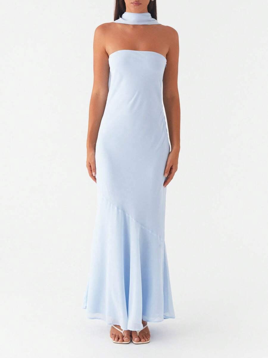 thumbnail image 1 of Blue Dress With High Neck Scarf Detail Flowy Silhouette, 1 of 28