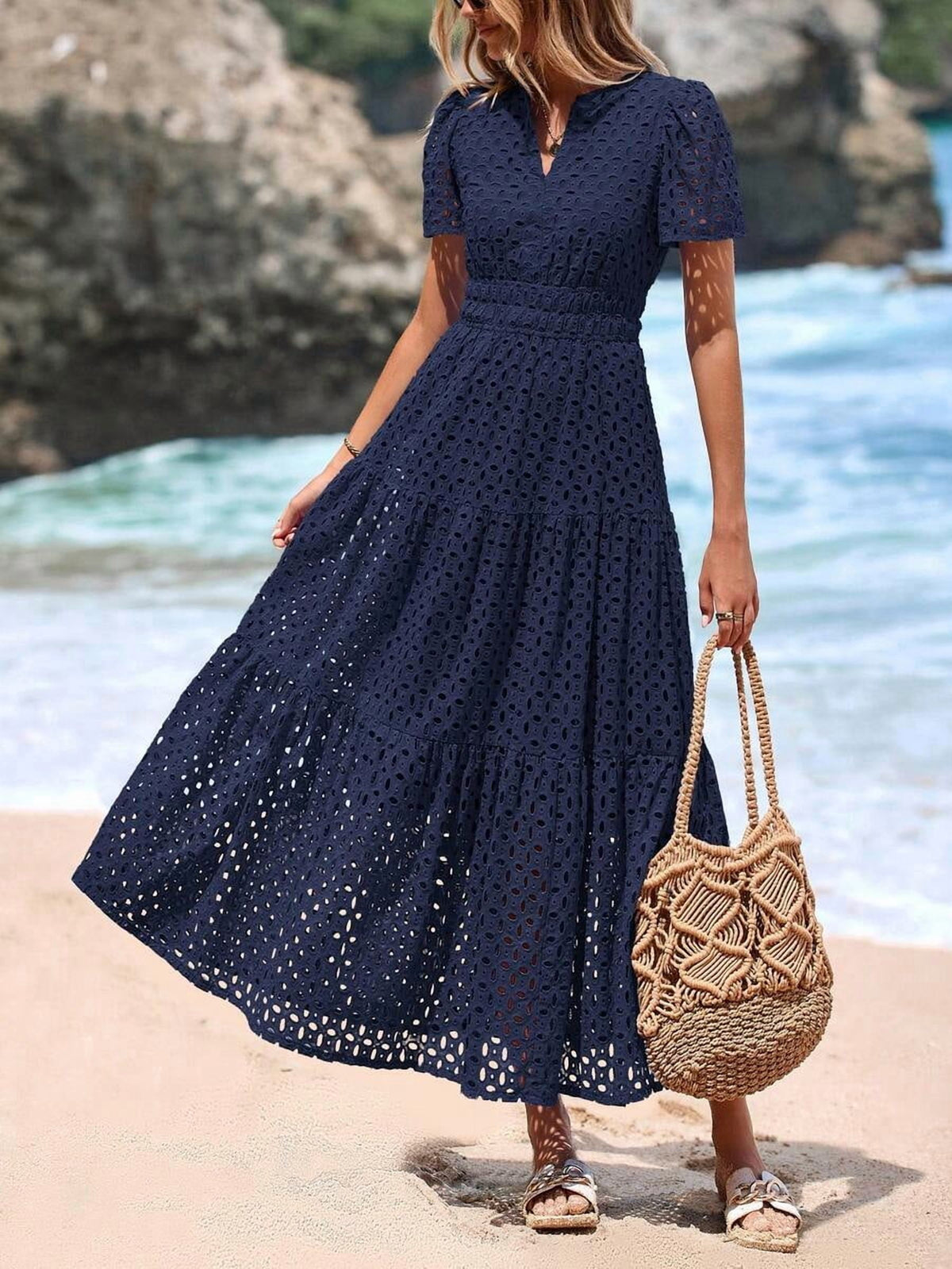 thumbnail image 1 of Blue Eyelet Cotton Maxi Dress Short Sleeve V-Neck A-Line Flowy Beach, 1 of 30