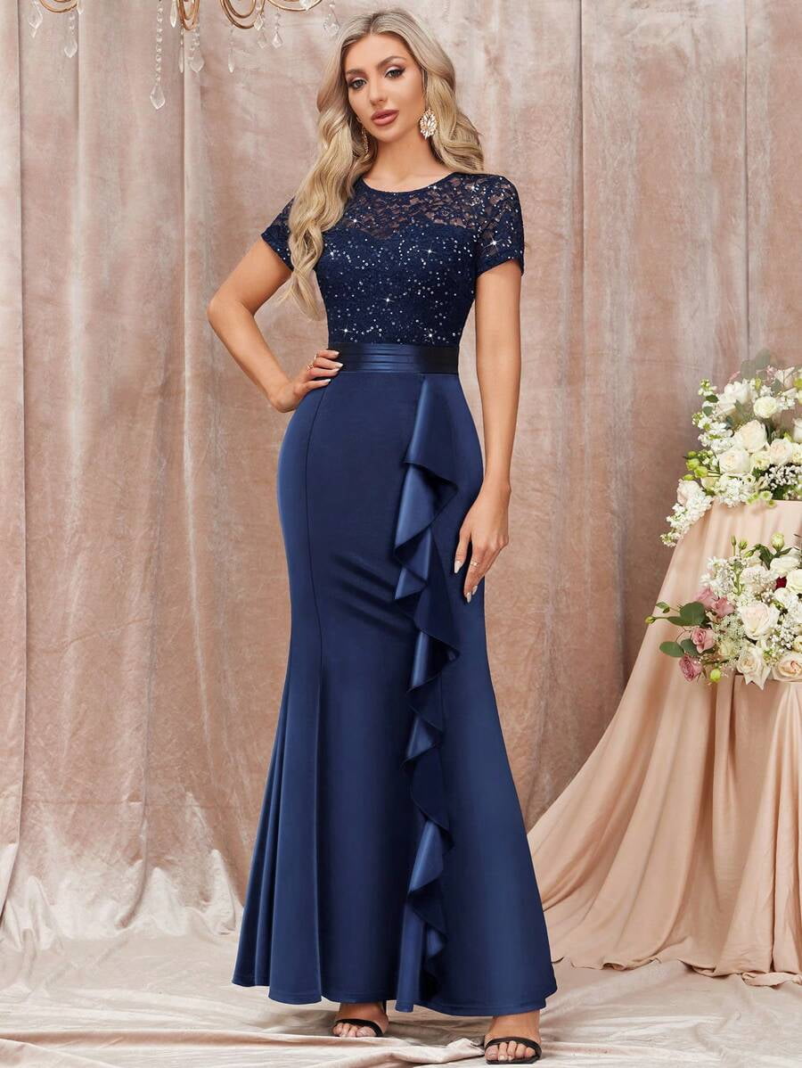 thumbnail image 1 of Blue Sequin Lace Ruffle Mermaid Evening Maxi Dress For Formal Occasions, 1 of 30