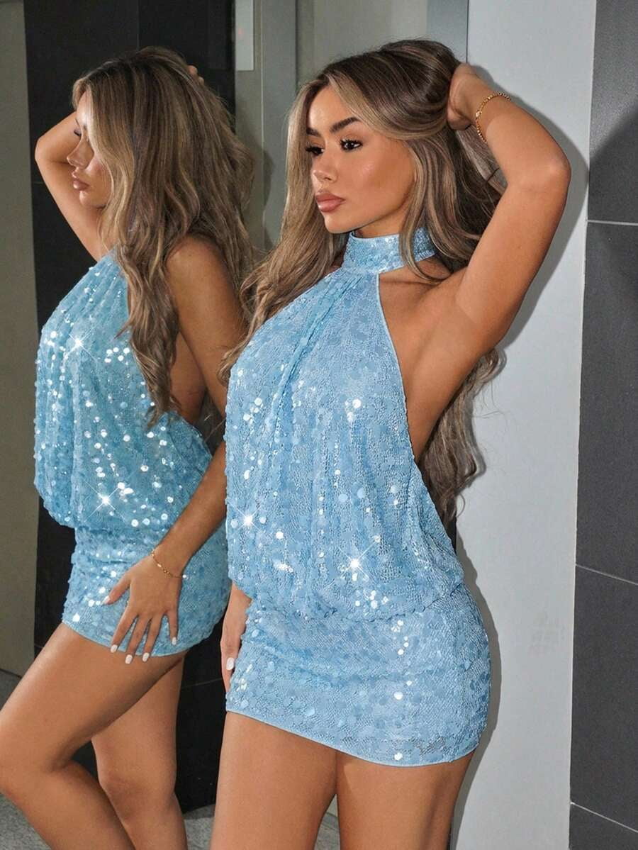 thumbnail image 1 of Blue X GloRilla High Neck Backless Ruffle Mini Bodycon Dress Club Night Out, 1 of 8