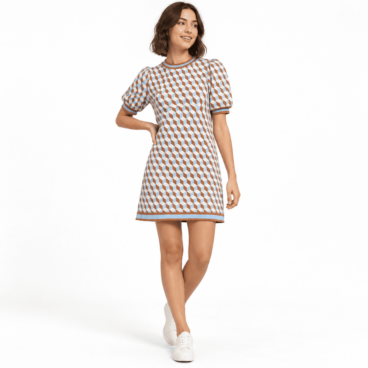 thumbnail image 1 of Brown Small Short Sleeve Knit Mini Dress, 2026 Summer Business Casual Old Money Brunch Outfits, 1 of 6