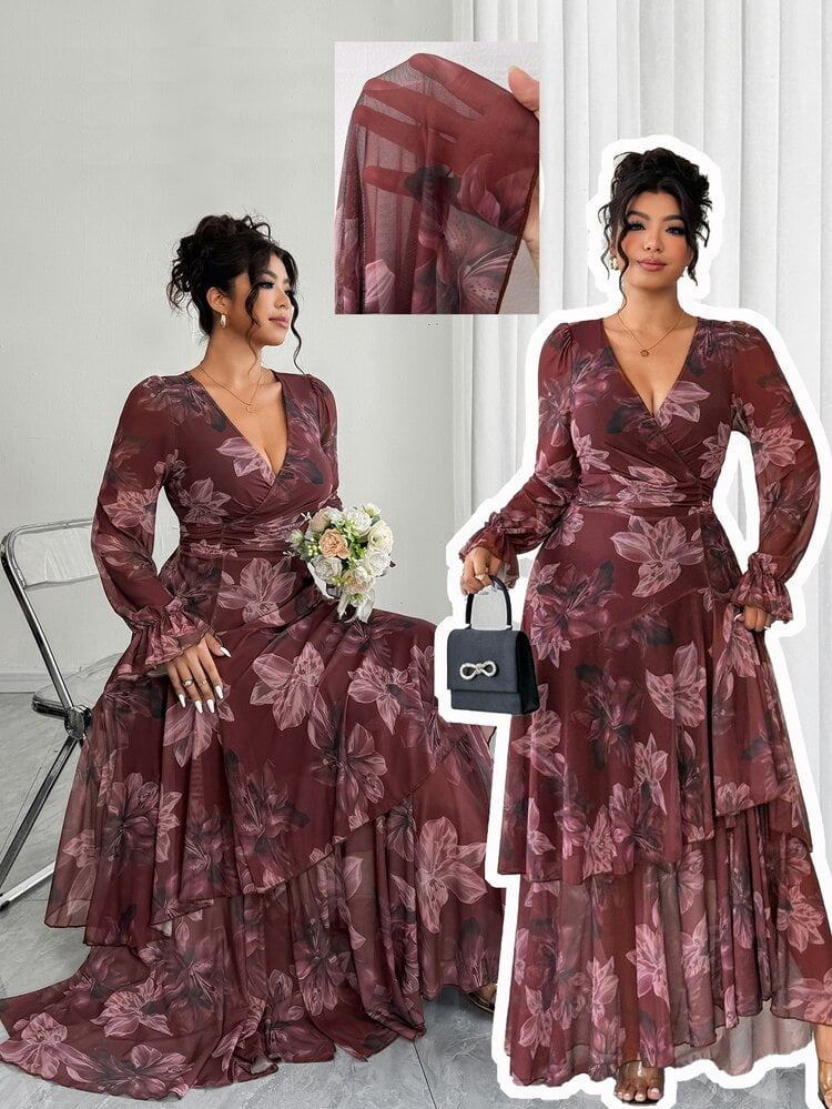 thumbnail image 1 of Burgundy Floral Print Long Sleeve V-Neck Ruffle Hem Maxi Dress, 1 of 10