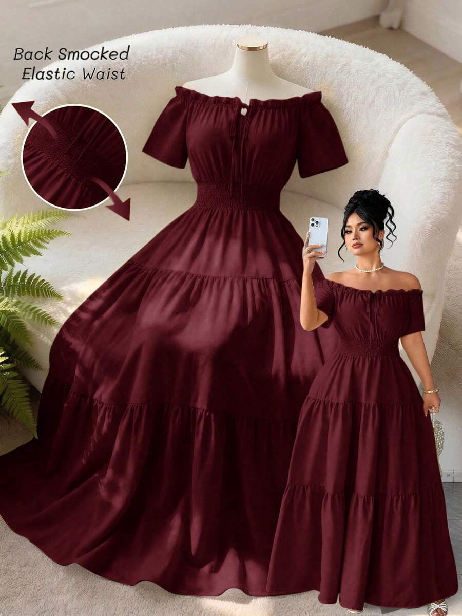 thumbnail image 1 of Burgundy Plus Size Off-Shoulder Tiered Maxi Dress with Elastic Waist &, 1 of 7