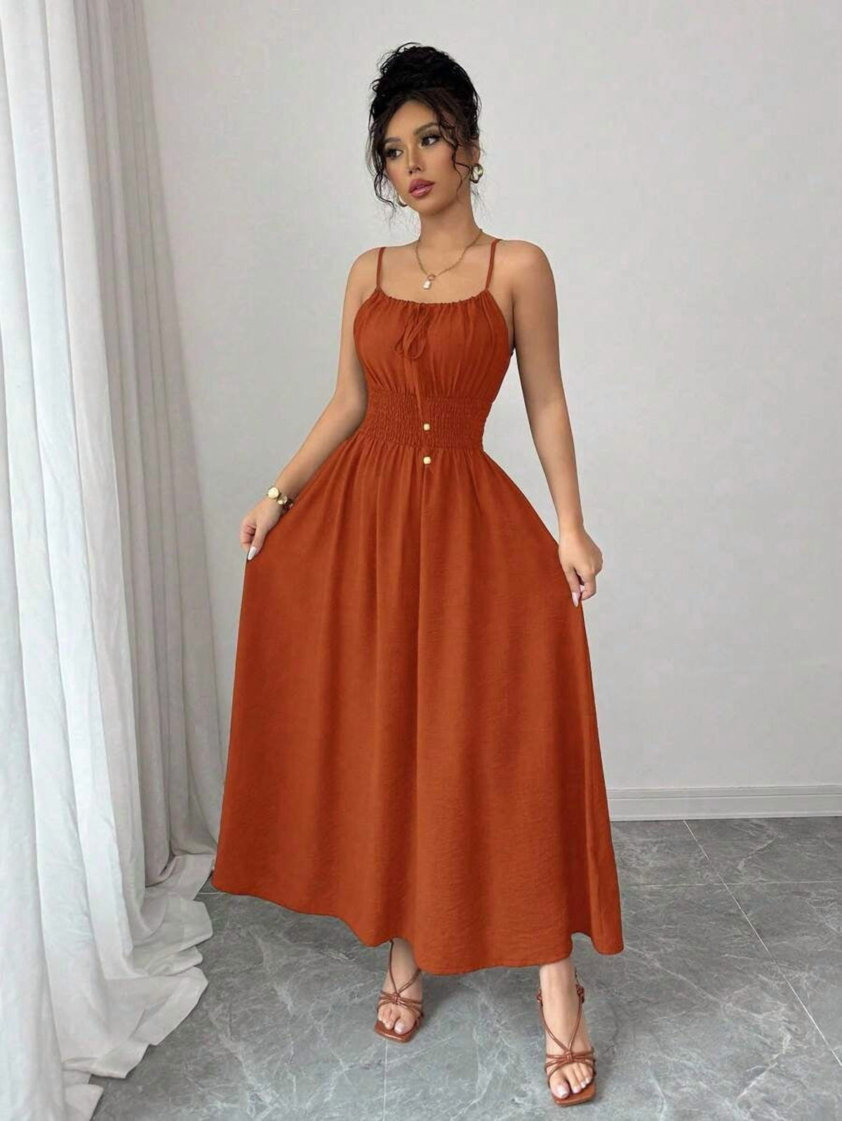 thumbnail image 1 of Burnt Orange Womens Smocked Waist Tie-Front A-Line Maxi Strap Dress, 1 of 30
