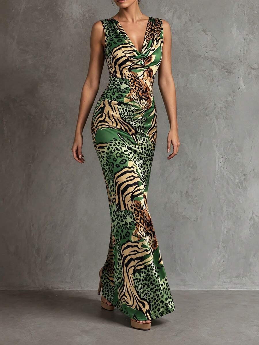 thumbnail image 1 of Cévolie Womens Sleeveless V-Neck Green Animal Print Maxi Dress, 1 of 6