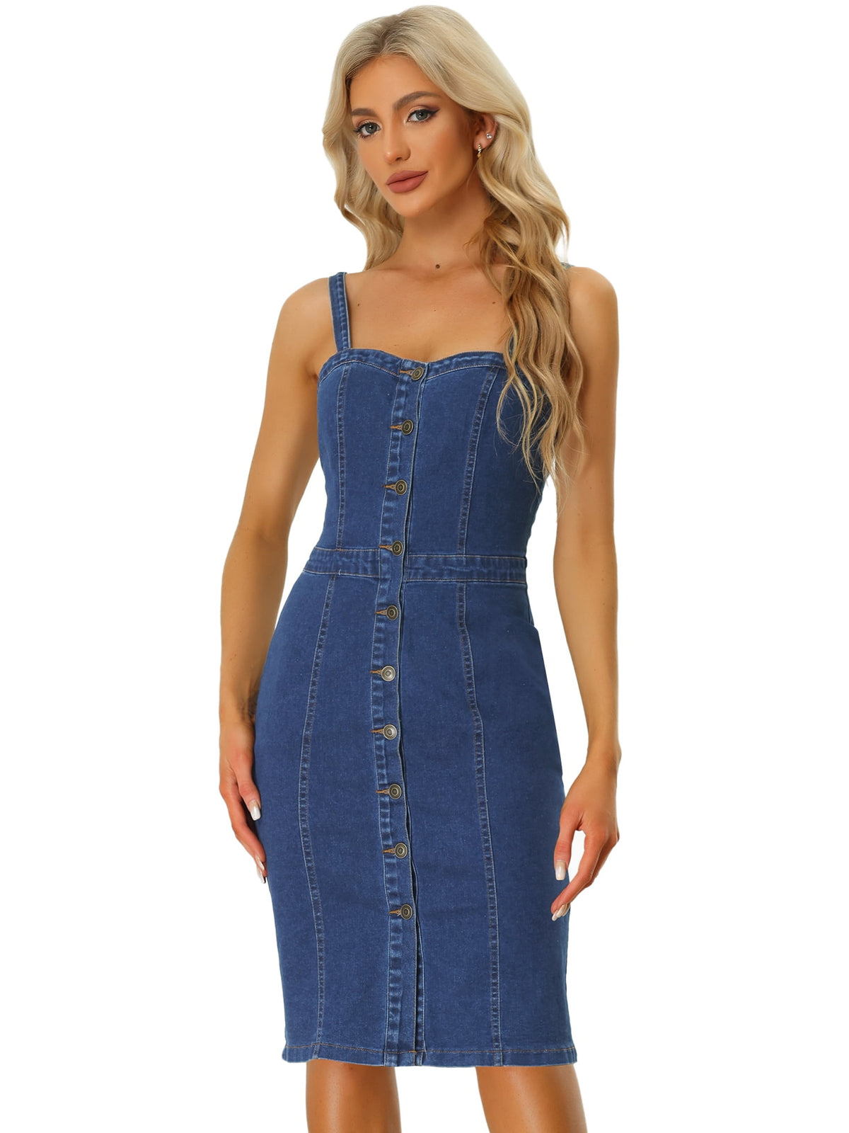 thumbnail image 1 of DARING DIVA Button Down Denim Sleeveless Sweetheart Neck Jean Dresses XS Blue, 1 of 6